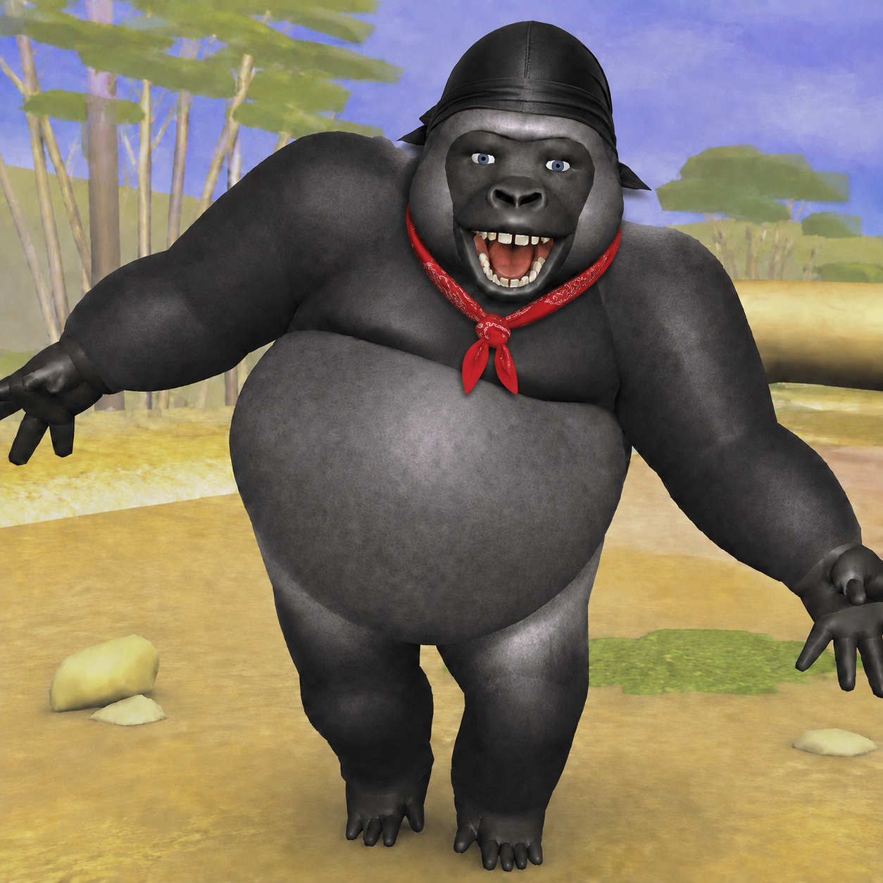 3D LAYOOO gorilla wearing a black durag and red bandana in the jungle